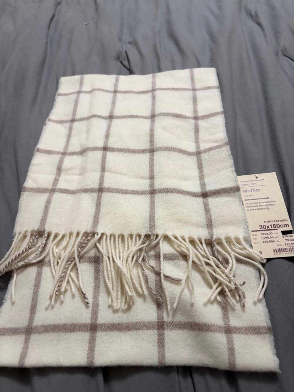 Muji Cream Plaid Fringe Scarf  Wool and Brand New